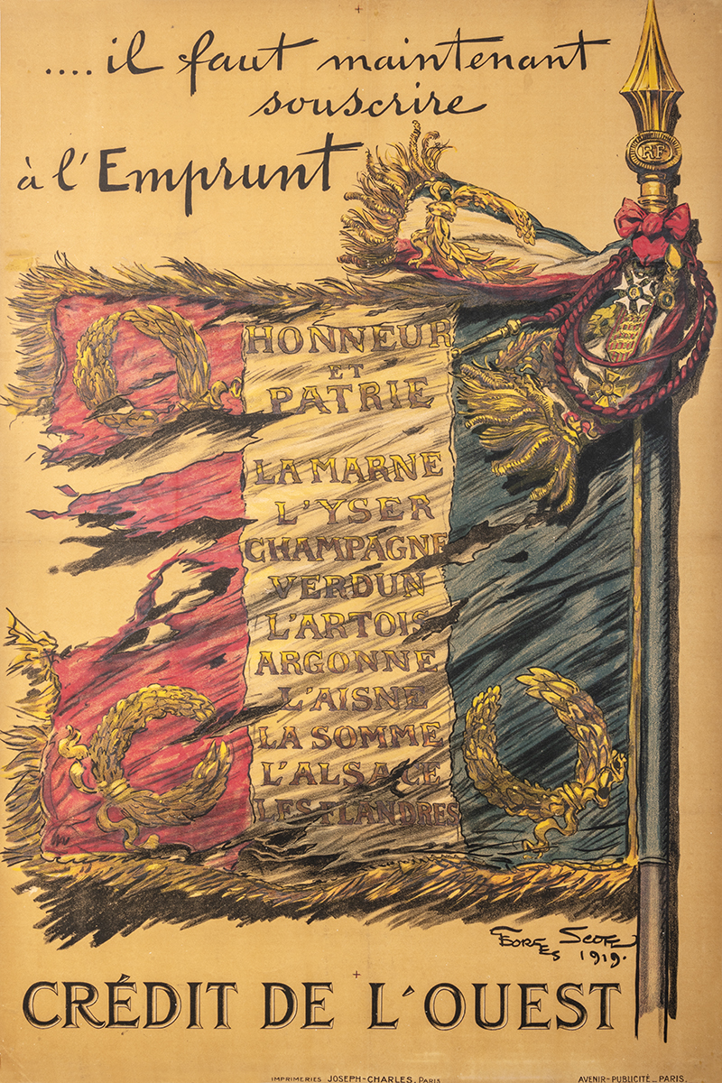 Georges SCOTT (1919). Ce drapeau de régiment, très endommagé, décoré de la Légion d’honneur doit rappeler les combats héroïques qui ont contribué à la paix. Il ne s’agit plus d’un emprunt de la libération, spécifique à 1918 et pas encore d’un emprunt pour la reconstruction. Côte 1 AFF 8_1