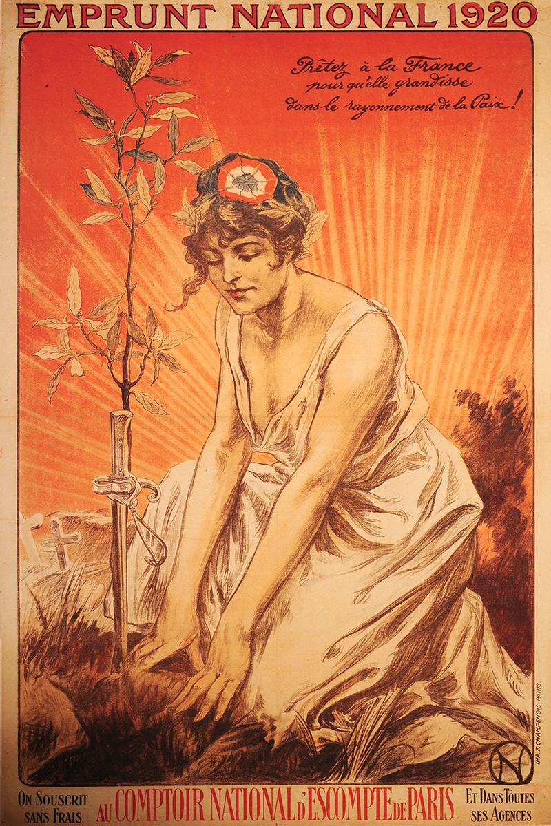 Anonyme (1920). L’allégorie de la France, Marianne, plante un rameau de la paix : sa fragilité est compensée par une baïonnette plantée dans le sol. Malgré le rayonnement de la paix, la guerre semble encore présente, alors que le traité de Versailles a été signé le 28 juin 1919. Côte 1 AFF 22_1