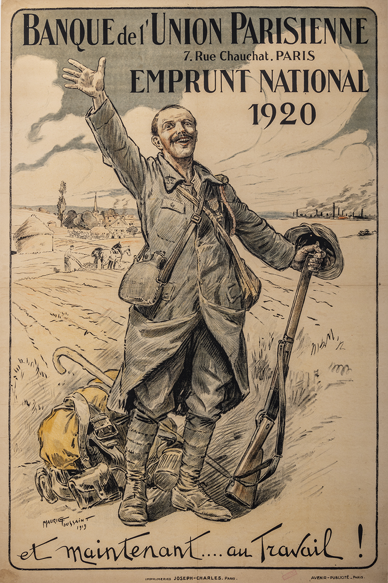Maurice TOUSSAINT (1920). Les soldats français sont démobilisés au cours de l’année 1919. Le retour au pays se fait en civil, mais pour inciter à verser de l’argent pour cet emprunt, le rappel de l’uniforme de celui qui a combattu est mobilisateur. Côte 1 AFF 23_1