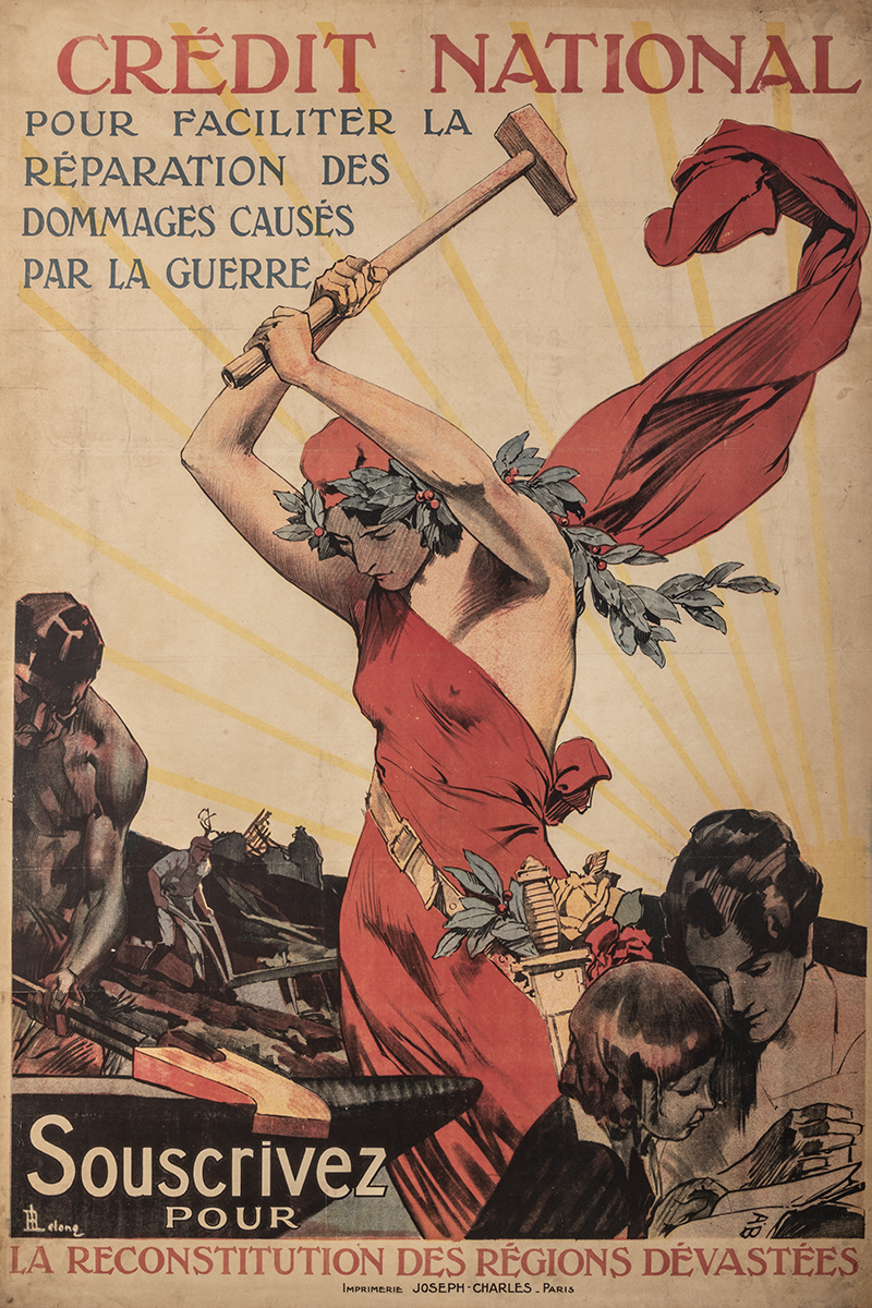 René LELONG (1920). Marianne forge à grands coups de marteau un soc de charrue : la reconstruction est ici montrée de façon idéaliste mais active, tant pour le domaine rural qu’industriel. C’est pour l’enfant qui apprend à lire que la reconstitution des régions dévastées, créée en 1917, aide les familles dont les foyers ont été partiellement ou complétement détruits. Côte 1 AFF 39_1
