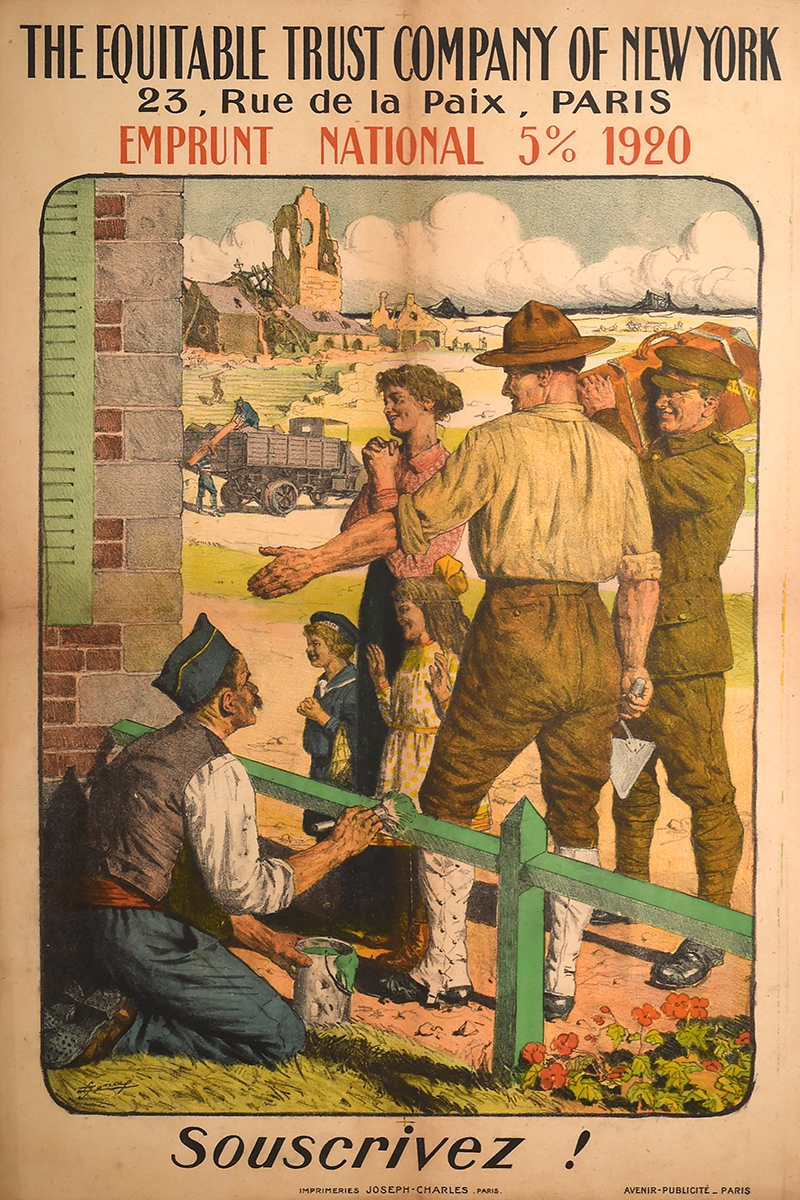 Lucien JONAS (1920). La vision idyllique de la reconstruction est ici révélée avec simplicité : la maison neuve est achetée grâce aux soldats américains et britanniques. En contraste avec les ruines encore présentes à l’arrière-plan, le message rappelle qu’en mai 1920, sur les 600 000 maisons détruites, 2 000 ont été reconstruites et 182 000 réparées. Côte 1 AFF 62_1