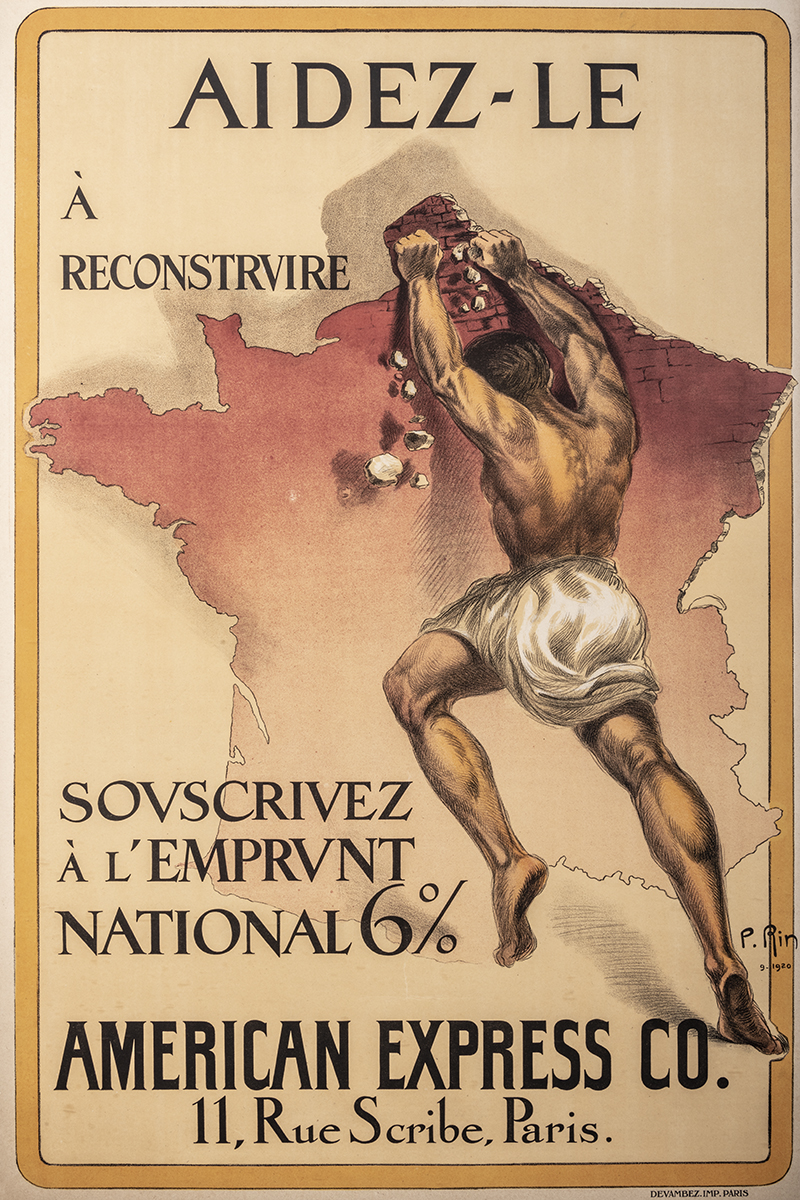 P. RIN (1920). Par son attitude et sa carrure, cet athlète tente d’empêcher le Nord de la France de tomber en ruines : l’appel aux dons pour la reconstruction est explicite. Côte 1 AFF 70_1