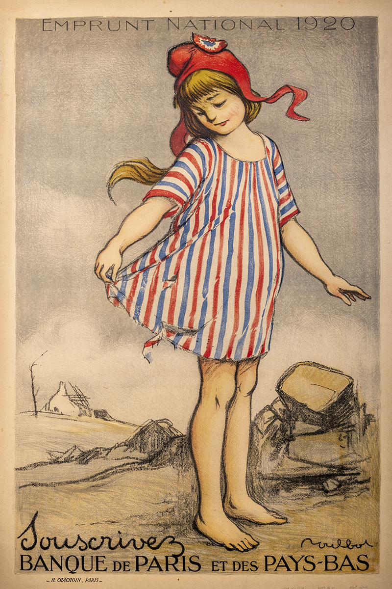 Francisque POULBOT (1920). En évidence devant un paysage de ruine, Marianne est représentée par le célèbre illustrateur Poulbot avec cette fillette arborant les couleurs nationales. Sa robe déchirée, symbole des séquelles de la guerre, ne doit pas l’empêcher de se consacrer à la reconstruction. Côte 1 AFF 77_1