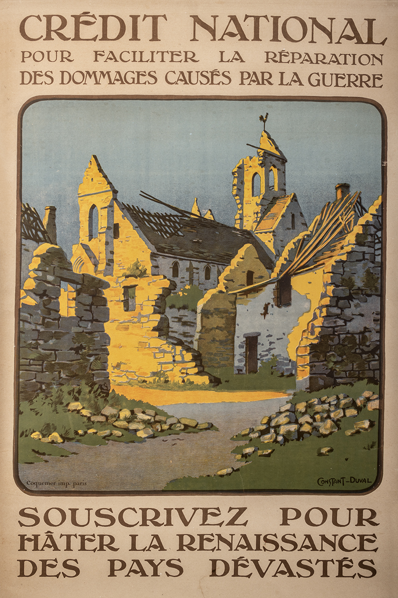 Constant Léon DUVAL (1920). La désolation des paysages dévastés des dix départements touchés par la guerre marque durablement les esprits. Le sentiment que la reconstruction tarde révèle que la culture de guerre persiste. Les Français attendent d’être sûrs que l’Allemagne paiera les dommages de guerre. Côte 1 AFF 117_1