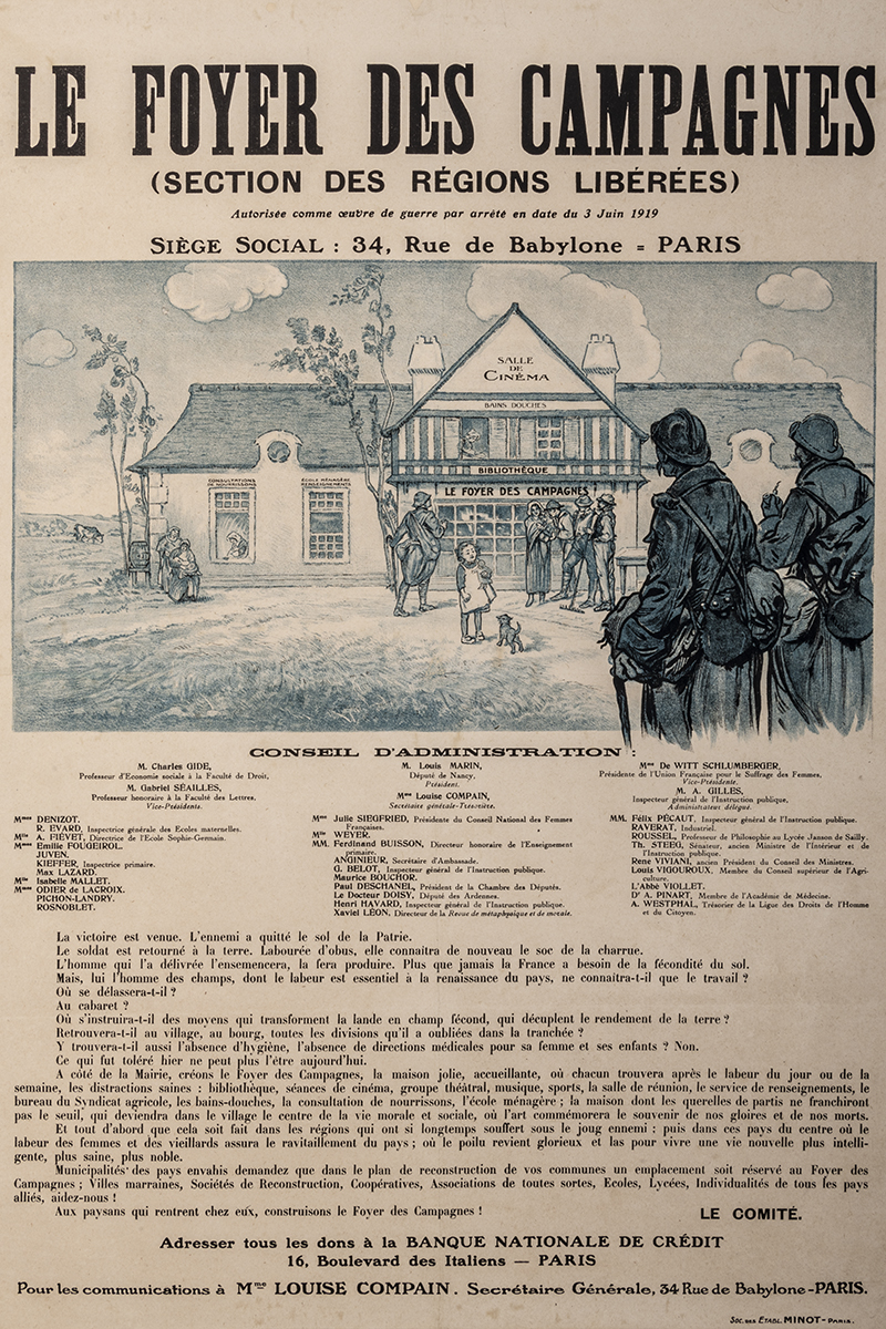 Anonyme (1919). La banque nationale de crédit incite aux dons pour la création d’un foyer des campagnes (cinéma, bibliothèque). Son architecture moderne est représentative du style employé pour la reconstruction des régions dévastées. Côte 1 AFF 121_1